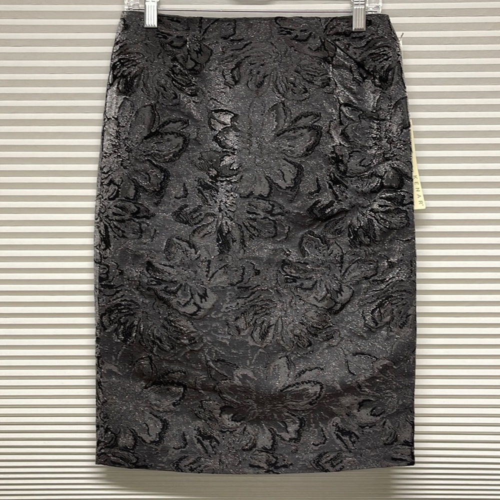 Kenar NWT Metallic Silver Pewter Black Floral Print Pencil Skirt Size 2